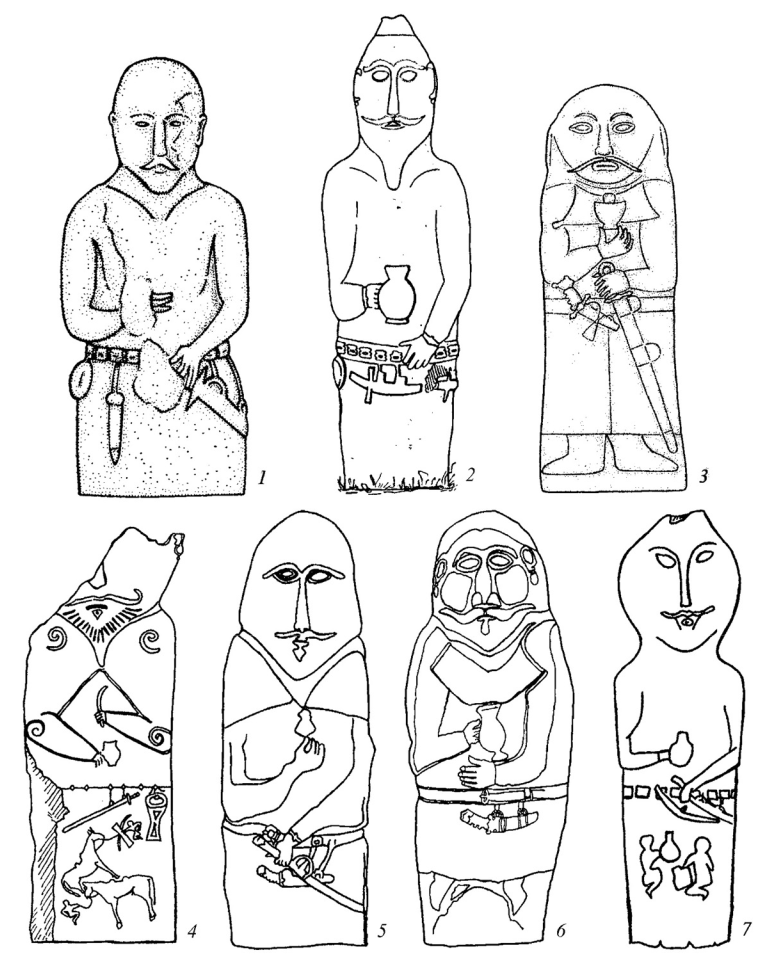 Рис. 4. Каменные изваяния раннесредневековых тюрок (по: 1 – Худяков Ю.С., Плотников Ю.А., 1990, рис. 2.–1; 2 – Евтюхова Л.А., 1952, рис. 3.–2; 3 – Худяков Ю.С., Комисаров С.А., 2002, рис. XXVIII.–1; 4, 7 – Кубарев В.Д., 2002, рис. 16; 5, 6 – Кубарев Г.В., 2008, рис. 1) 