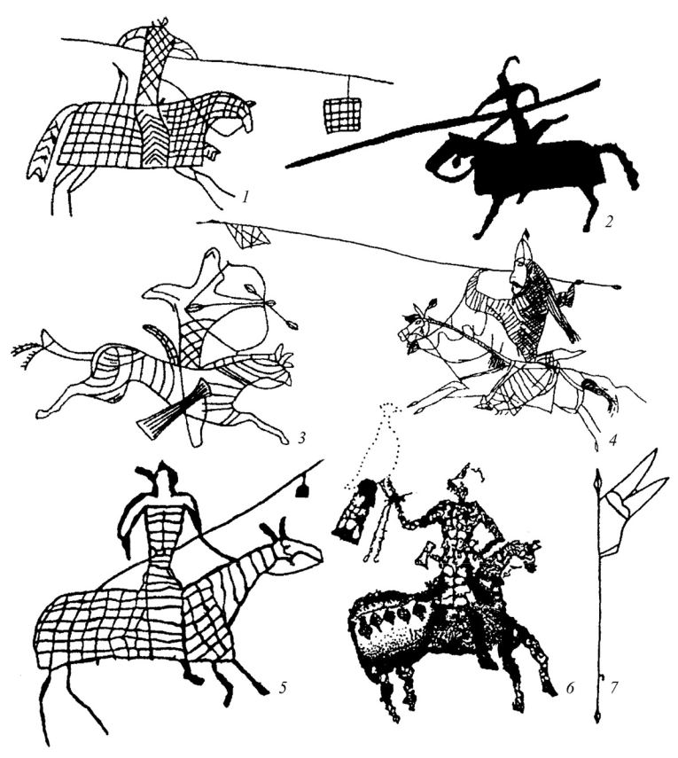 Рис. 5. Наскальные рисунки раннего средневековья (по: 1–3, 5 – Горбунов В.В., 2006, рис. 73; 4 – Черемисин Д.В., 2004, рис. 14; 6 – Кляшторный С.Г., 2001, рис. 1; 7 – Кубарев Г.В., 2008, рис. 1.–2) 