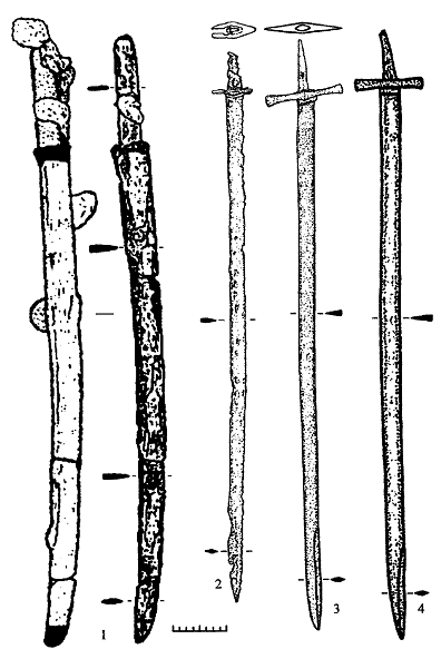 Рис. 2. Сабли из тюркских памятников Тянь-Шаня (1) и Алтая (2–4): 1 – Беш-Таш-Короо-II, 2 – Джолин-I, 3 – Беш-Озек, 4 – Балтарган 