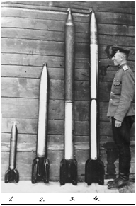 Рис. 10. Виды реактивных снарядов: 1 – 82-мм реактивный снаряд М-8; 2 – 132-мм реактивный снаряд М-13; 3 – 132-мм реактивный снаряд М-20; 4 – 132-мм реактивный снаряд М-13-ДД 