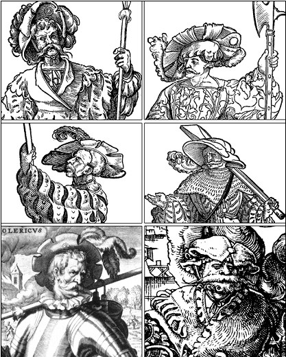 Изображения ландскнехтов (фрагменты) на гравюрах XVI – начала XVII вв. 