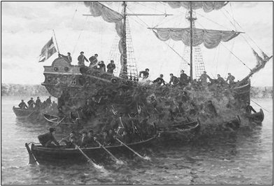 Рис. 3. Абордаж шведского судна «Астрильда» воинами роты Преображенского полка. Худ. Е.И. Чупрун. Из фондов Центрального военно-морского музея 