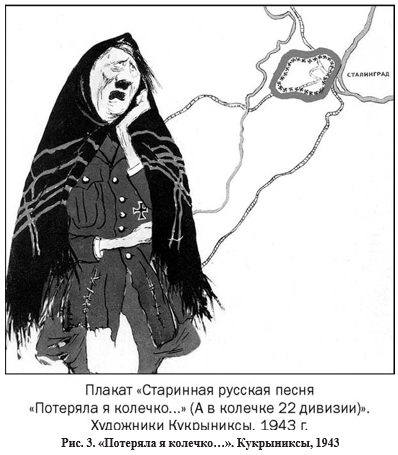 Гитлер начинает представать в образе жалкого побитого пса, комической старухи («Потеряла я колечко…», Кукрыниксы, 1943) (рис. 3)