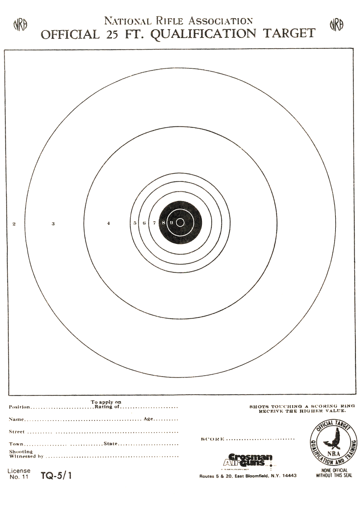 Оригинальная мишень из комплекта Crosman 357 Shooting Kit ( тип 2) NRA (National Rifle Association) Official 25 FT. Qualification target