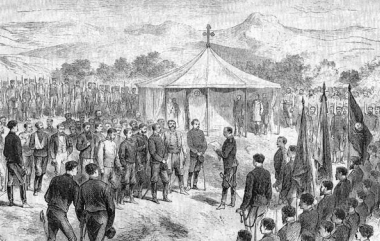 Рис. 3. Чтение генералом Протичем адреса генералу Черняеву. Художник К. Брож