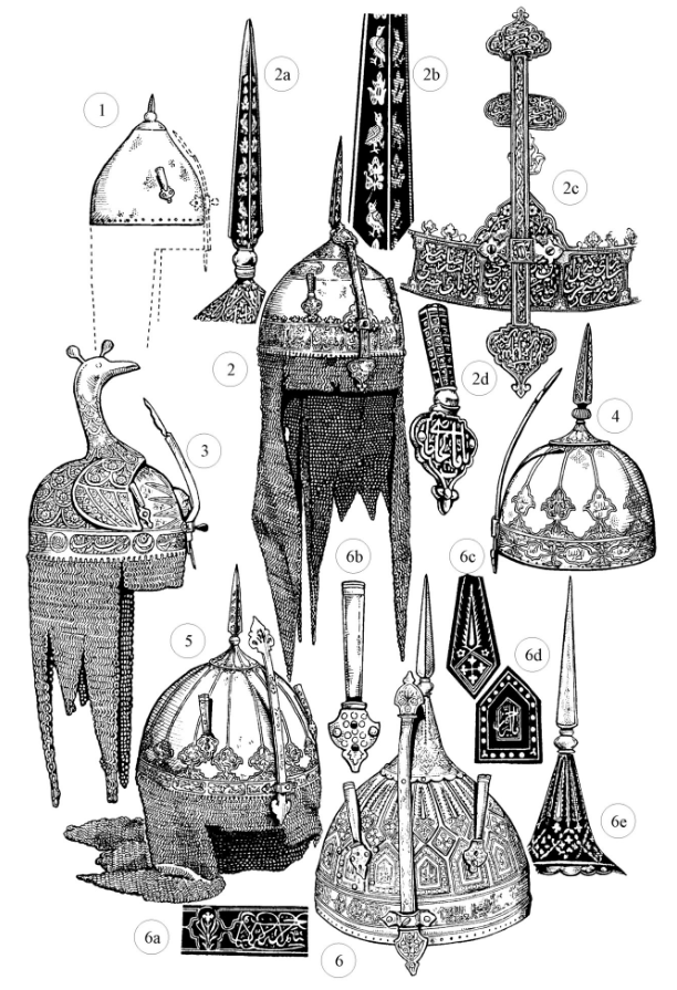 Шлемы «кула-худ», их дериваты и подражания с территории Казахстана (1-3, 6) и Узбекистана (4, 5). 1, 3. Из частных казахских коллекций. 2. Из ЦГМРК (КП 100337/1). 4. Из музея г. Уральска. 5. Из Национального музея истории Узбекистана. 6. Из РЭМ (No 3806–1). источник: Бобров Л.А. Иранские шлемы «кула-худ» в комплексе защитного вооружения тюркских кочевников Центральной Азии XVII–XIX вв. // Historia i Świat. 2015. №4. p. 205-219.