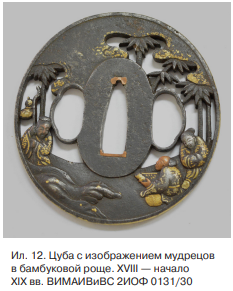 27. Цуба (ил. 12) с изображением мудрецов в бамбуковой роще. XVIII — начало XIX вв. (ВИМАИВиВС 2ИОФ 0131/30).