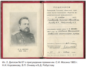 Диплом № 67 о присуждении в 1965 г. премии им. С.И. Мосина «за создание высококачественного охотничьего ружья» только Николаю Ивановичу Коровякову, Валерию Павловичу Очневу и Борису Дмитриевичу Робустову (ТГМО КП-5808. Ил. 2)