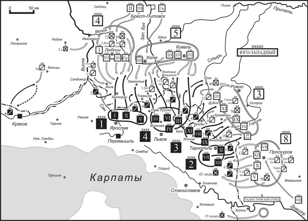 Схема 8. Стратегическая военная игра старших войсковых начальников в Киеве 20–24 апреля 1914 г. Действия на Юго-Западном фронте