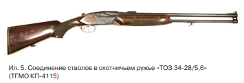 Конструкция этих модификаций отличается от гладкоствольных «ТОЗ 34» разными способами соединения стволов: если в одном ружье (ТГМО КП-4115) они совмещены кольцевыми муфтами в дульной и казенной частях (ил. 5), то во втором (ТГМО КП-4117/1) — с помощью двух коротких межствольных планок в тех же местах (ил. 6). Кроме того, у них иная форма стальной, а не латунной, мушки, смонтированной на трапециевидном основании, а вместо прицельной планки применен постоянный целик, и предусмотрена возможность установки на казенной ствольной муфте оптического прицела, например ПО-1 (ил. 7).
