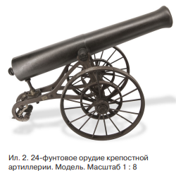24-фунтовое орудие крепостной артиллерии. Модель. Масштаб 1:8Дата изготовления «1847» (на цапфе) и заводской знак «О.А.» (на казенной части) выгравированы на стволе одной из пушек (ил. 2). 
