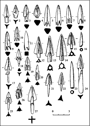 Рис. 4. Наконечники стрел каменской культуры: 1–11 – Новообинский курган; 12–14 – Новосклюиха-15 – Михайловский-VI, к. 5; 26–27 – Моховое 3. 1–27 – бронза