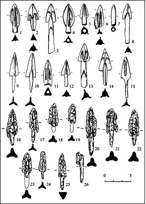 Рис. 5. Наконечники стрел каменской культуры: 1–2 – Киприно-1; 3 – Моховое-V; 4–6 – Черная Курья; 7–10 – Завьяловский р-н.; 11 – Калистратиха; 12 – оз. Беленькое; 13 – Урлапово; 14 – Новенькое; 15 – Усть-Балыкса; 16–26 – Новотроицкий-1, к. 2, м. 1. 1–15– бронза; 16–26 – железо, дерево. 1–26 – железо, дерево