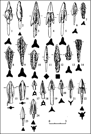 Рис. 8. Наконечники стрел каменской культуры: 1–2 – Бугры, к. 4, м. 2; 3–14 – Гилево-IX, к. 3; 15–24 – случайные находки из Лесостепного Алтая. 1–14 – железо, дерево; 15–24 – бронза