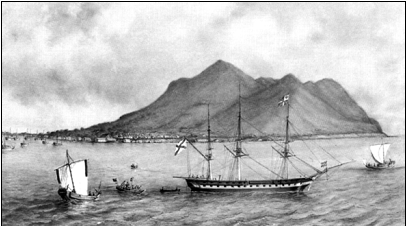Рис. 3. Фрегат «Диана» в Японии на рейде Хакодатэ. Худ. А.Ф. Можайский. 1854 г. ЦВММ 