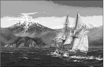 Рис. 10. Шхуна «Хэда» на переходе морем. Худ. Голтин. ЦВММ 