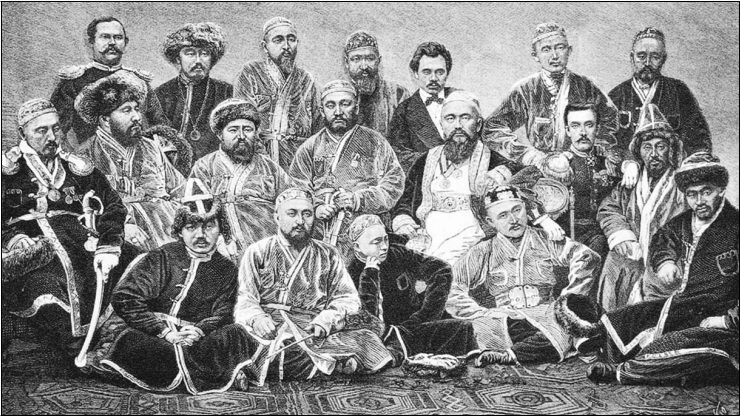 Рис. 4. «Депутация казахов Зайсанского края в Москве, имевшая счастье представляться Е. И. В.» 1873 г. (по: [Всемирная иллюстрация, 1873. Т. 9. С. 141])